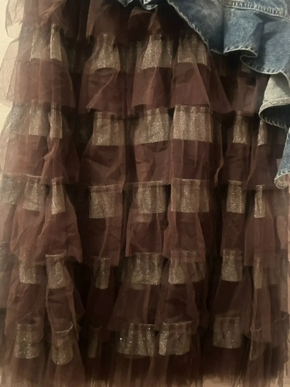 Luxe & Leather by Madonna & Co Lush Brown Tulle-Denim Belted Glitter Skirt NEW